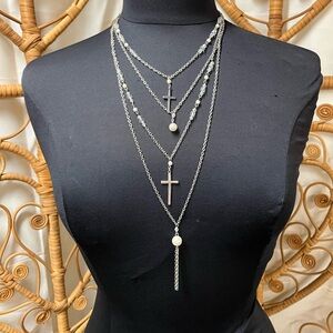 Multi-Chain Necklace w/ Crosses, Faux Pearls & Tassel